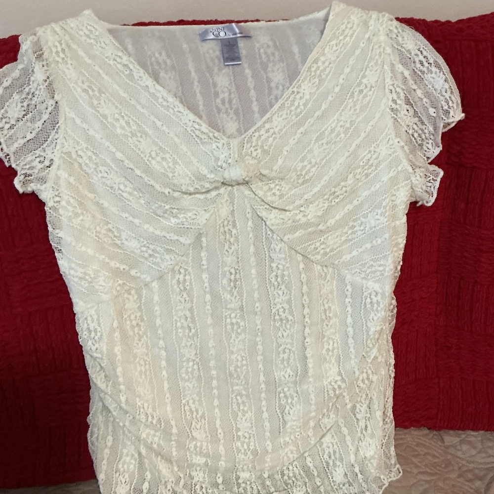 9&Co by Nine West Lace Knot-Front Cap Sleeve Blouse in Cream Large NWOT